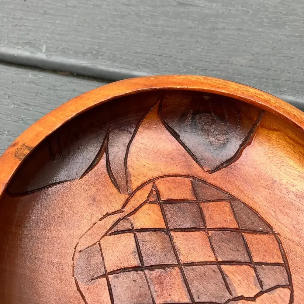 Vintage 60s 70s hand carved teak small wood bowl with carved pineapple, bohemian
